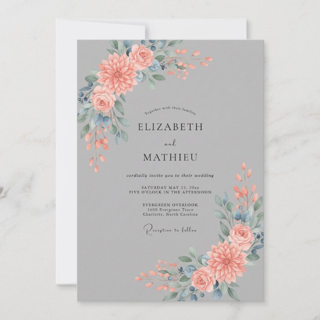 Convite Casamento Coral Slate Dahlia (Frente)