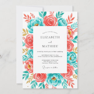 Convite Casamento Coral Teal Botanical Bliss