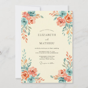 Convite Casamento Coral Teal Ranunculus Cinza Eucalipto