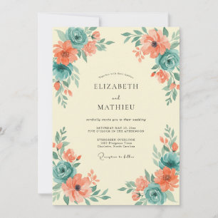 Convite Casamento Coral Teal Ranunculus Eucalipto Empoeira