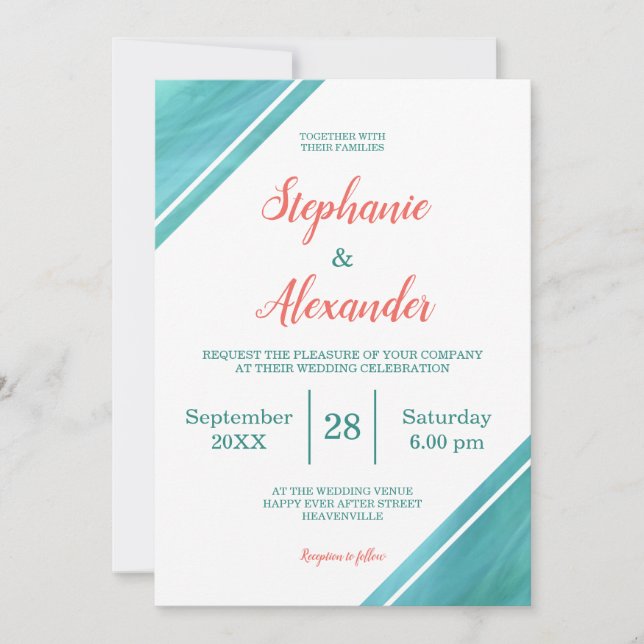 Convite Casamento Coral Teal Script (Frente)