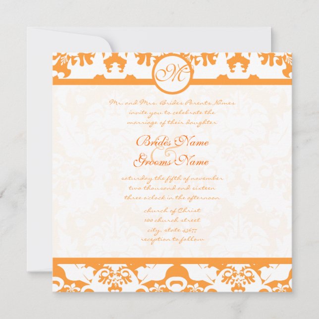 Convite Casamento Coral Terracotta Orange Damask Swirls (Frente)