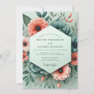 Convite Casamento Coral Turquesa Flora Sombria