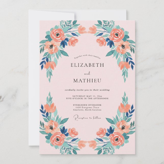 Convite Casamento Coral Turquesa Peônia (Frente)