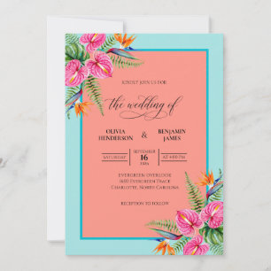 Convite Casamento Coral Turquesa Tropical Cinza Eucalipto