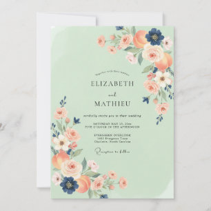 Convite Casamento Coral Verde-Menta Índigo Ranunculus Euca
