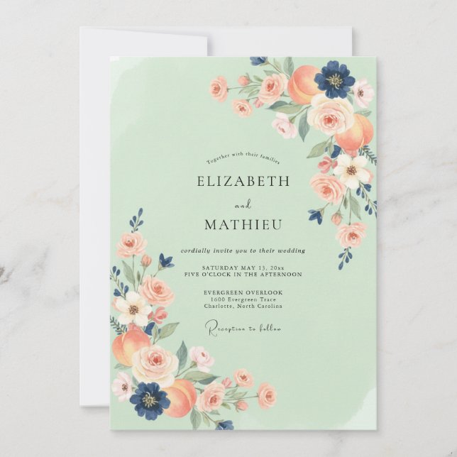 Convite Casamento Coral Verde-Menta Índigo Ranunculus Euca (Frente)