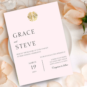Convite Casamento Coreano Chinês de Felicidade Dupla Rosa 