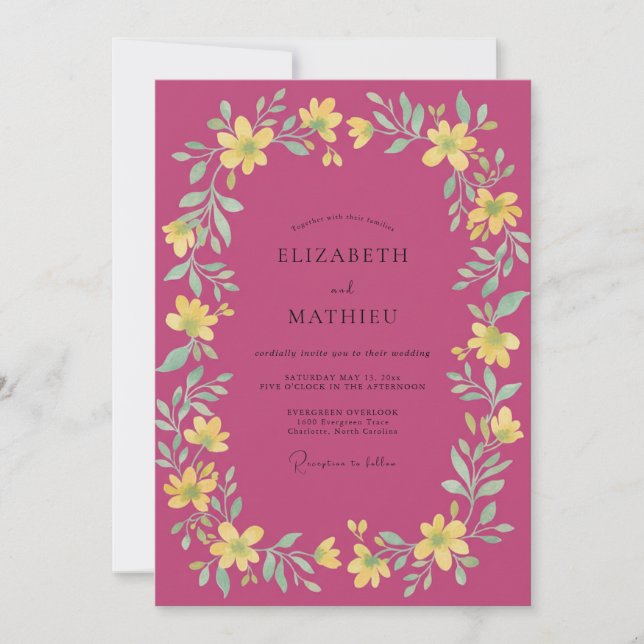 Convite Casamento Coroa Amarela Magenta (Frente)