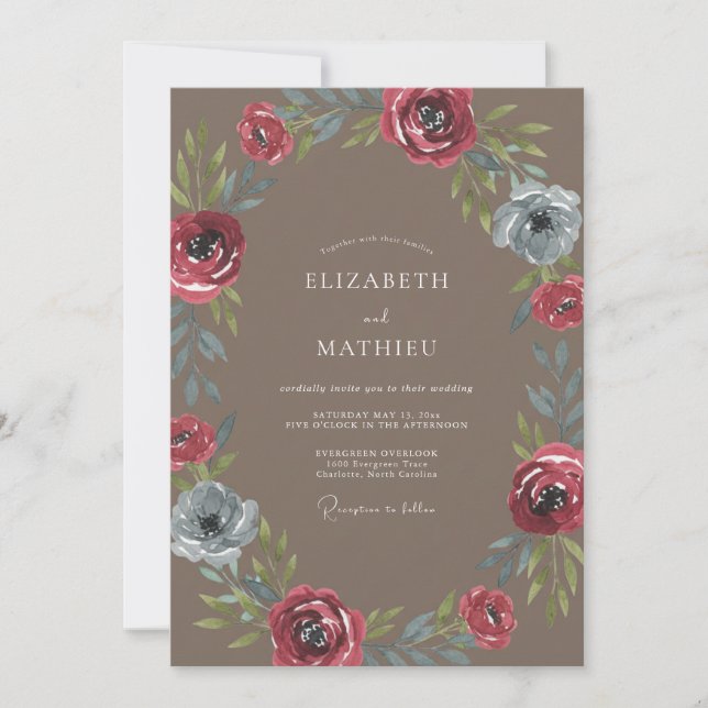 Convite Casamento Coroa Carmesim Taupe (Frente)