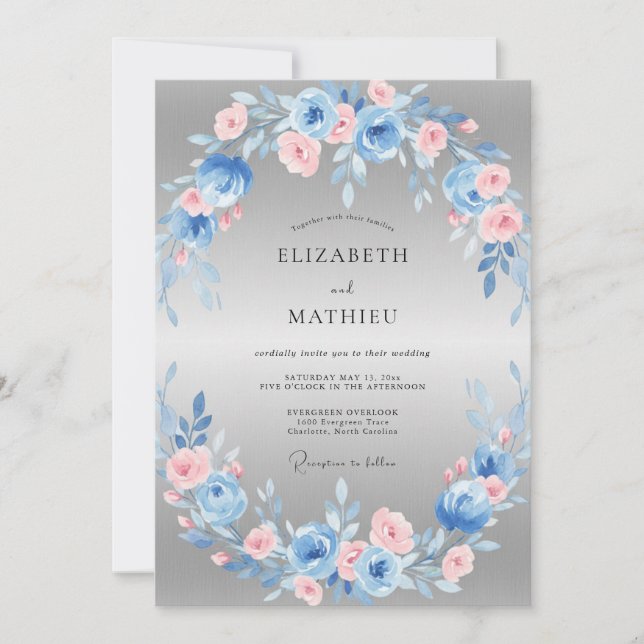 Convite Casamento Coroa de Aço Azul-Rosa (Frente)