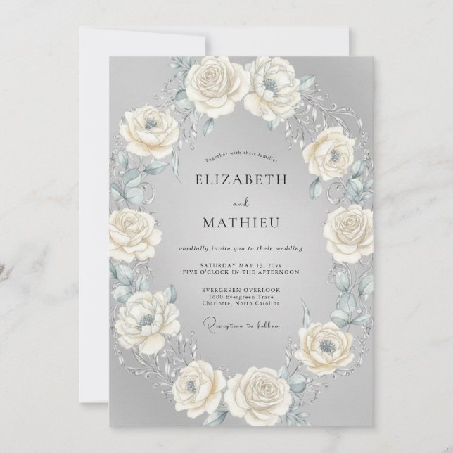 Convite Casamento Coroa de Creme Prateado (Frente)