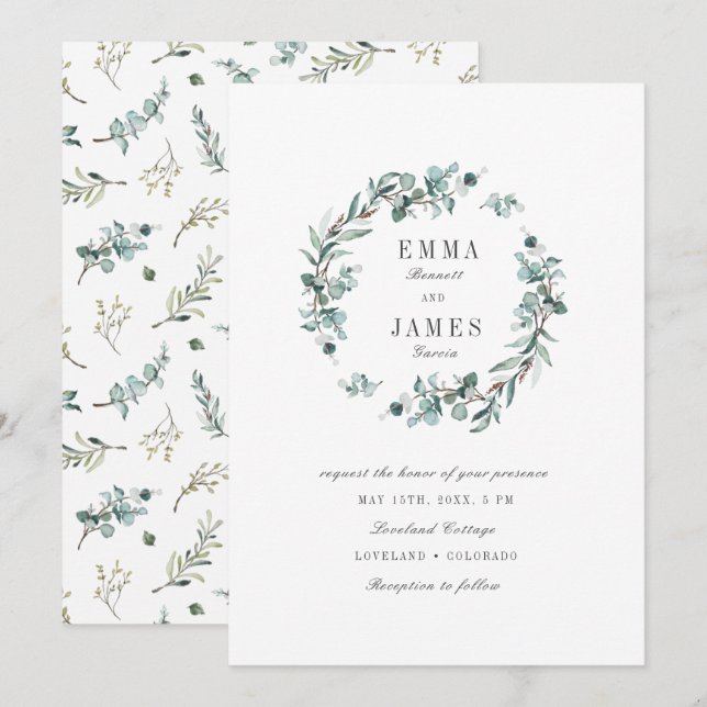Convite Casamento Coroa de Eucalipto em Aquarela Elegante (Frente/Verso)