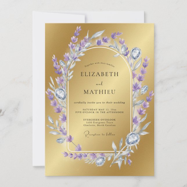 Convite Casamento Coroa de Lilás Dourada (Frente)