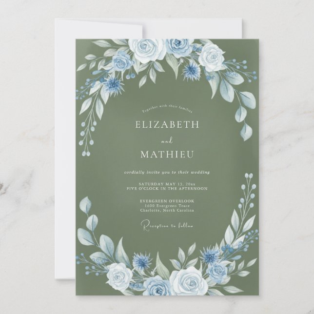 Convite Casamento Coroa de Musgo Azul (Frente)