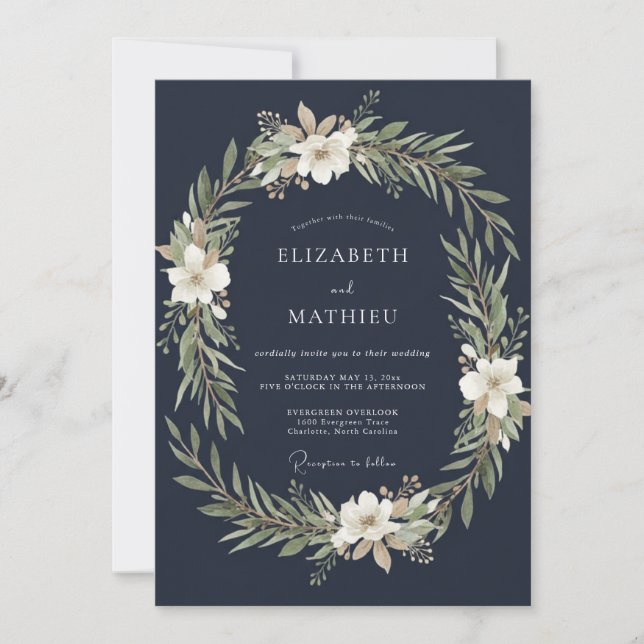 Convite Casamento Coroa de Noiva Branco Meia-Noite (Frente)