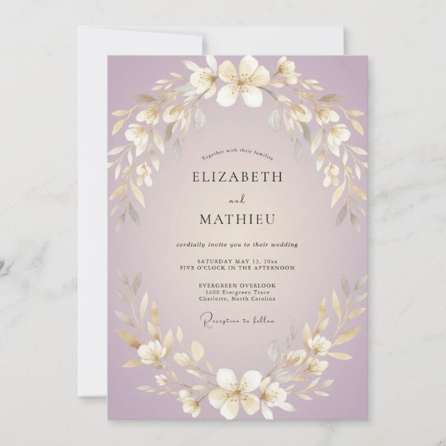 Convite Casamento Coroa Dourada Lilás (Frente)