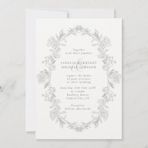 Convite Casamento Coroa Floral Toile Preto e Branco Elegan