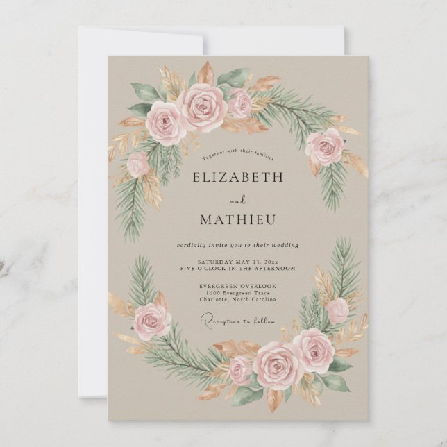 Convite Casamento Coroa Rosa Taupe (Frente)