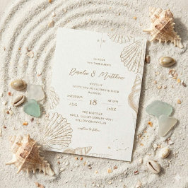 Convite Casamento Costeira Conchas de Ouro Branco Elegante