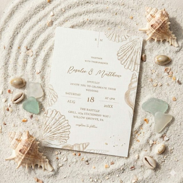 Convite Casamento Costeira Conchas de Ouro Branco Elegante (Criador carregado)