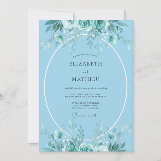 Convite Casamento Costeiro com Aquarela Azul Claro (Frente)