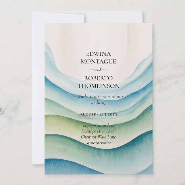 Convite Casamento Costeiro com Ondas Oceânicas em Aquarela (Frente)