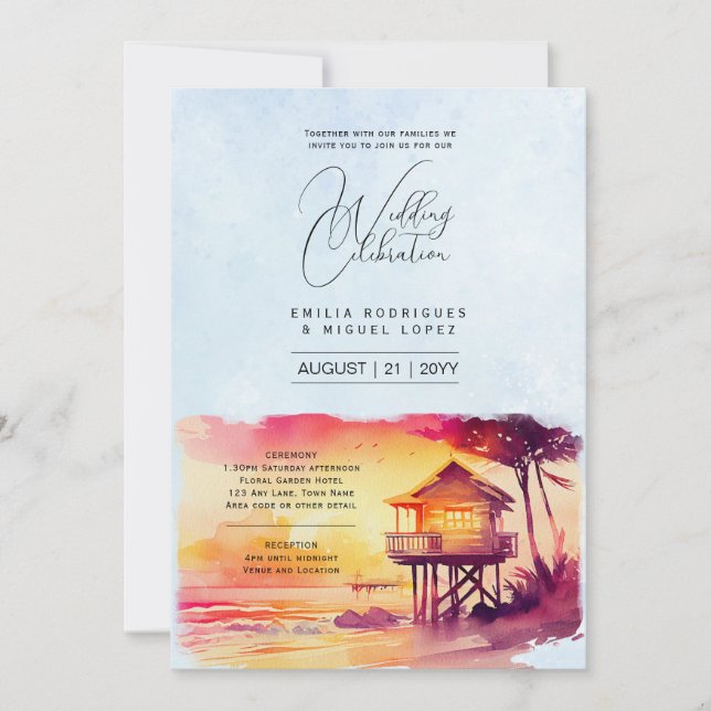 Convite Casamento Costeiro de Destino de Praia Sunset (Frente)