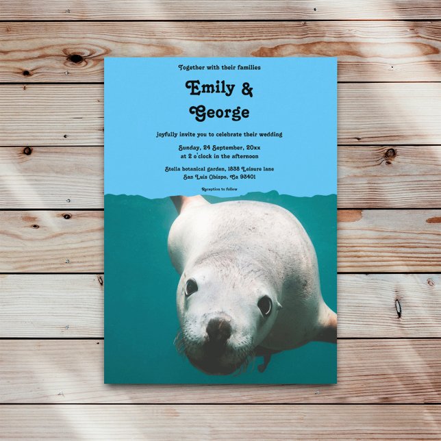 Convite Casamento Costeiro de Leão-Leão-Leão marinho Azul  (Criador carregado)