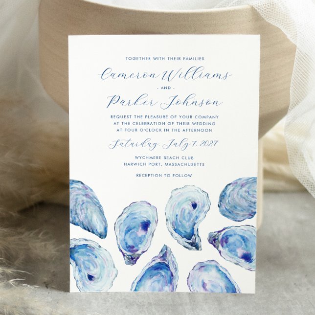 Convite Casamento Costeiro de Ostra Azul (Oyster Watercolor Wedding Invitation with elegant blue shells perfect for your coastal wedding)