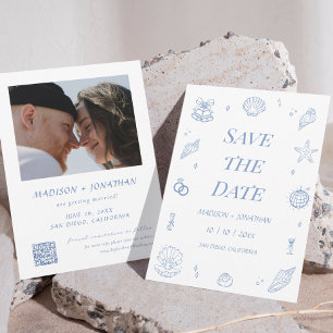 Convite Casamento Costeiro Desenhado à Mão Azul Salvar a D