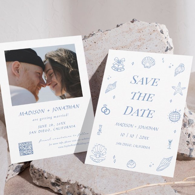 Convite Casamento Costeiro Desenhado à Mão Azul Salvar a D (Criador carregado)