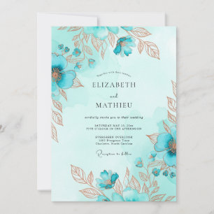 Convite Casamento Costeiro em Aquarela Metálica Verde Azul
