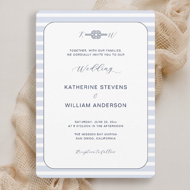 Convite Casamento Costeiro Náutico da Caligrafia do Nó Inf (beach wedding invitation nautical coastal blue stripes elegant modern infinity knot monograms modern)