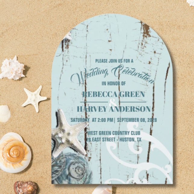 Convite Casamento Costeiro Tropical Beach Seashell Starfis (Tropical Beach Seashell Starfish Coastal Wedding Invitation)