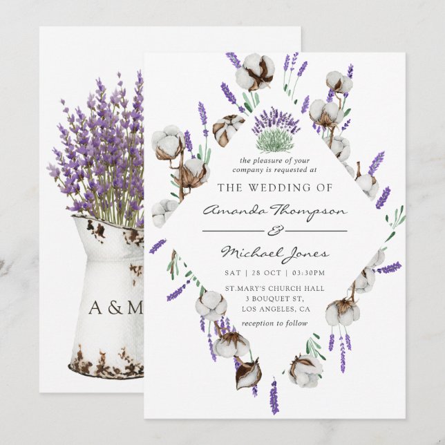Convite Casamento Country Algodão Aquarela Lavanda (Frente/Verso)
