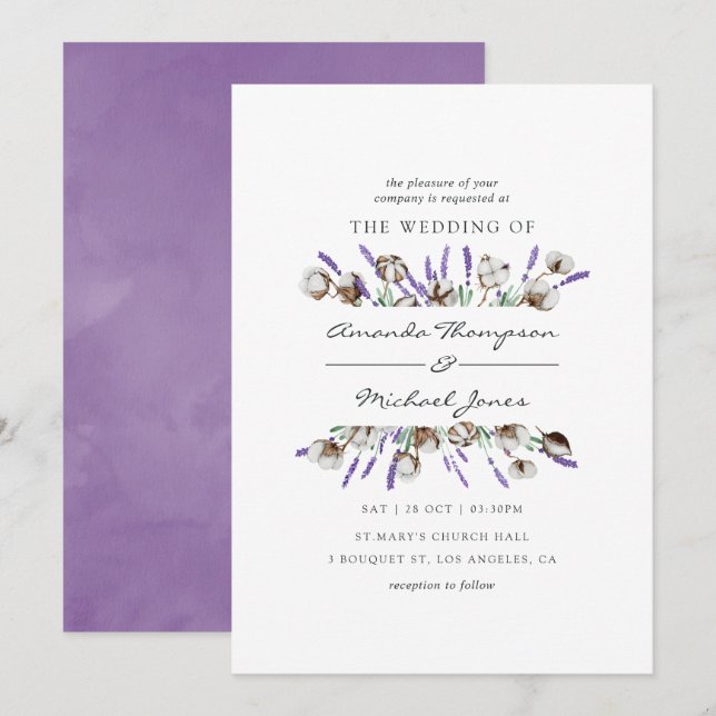 Convite Casamento Country Algodão Lavanda Aquarela (Frente/Verso)