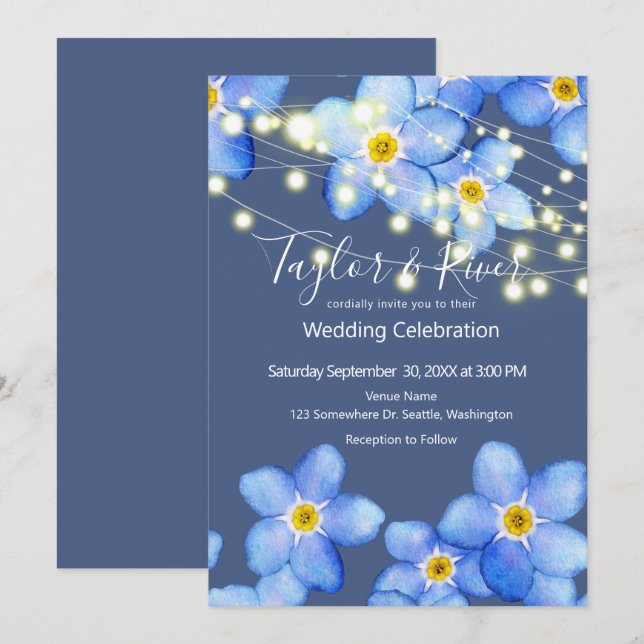 Convite Casamento Country Blue Forget-Me-Nots (Frente/Verso)