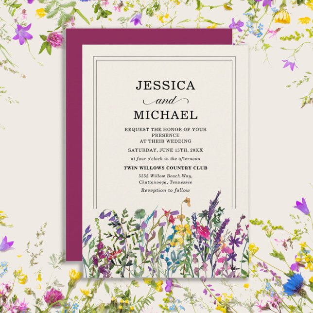 Convite Casamento Country com Aquarelas de Flores Silvestr (Watercolor wildflowers wedding invitation)