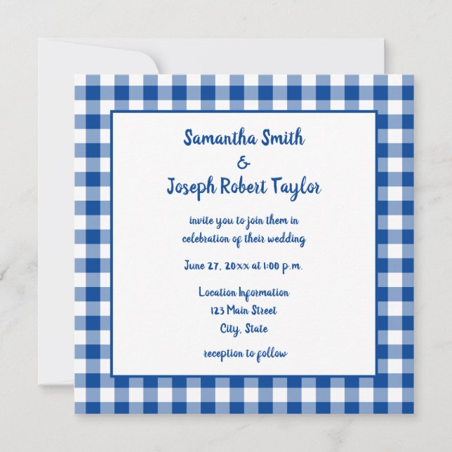 Convite Casamento Country com Xadrez Azul Profundo (Frente)