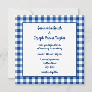 Convite Casamento Country com Xadrez Azul Profundo