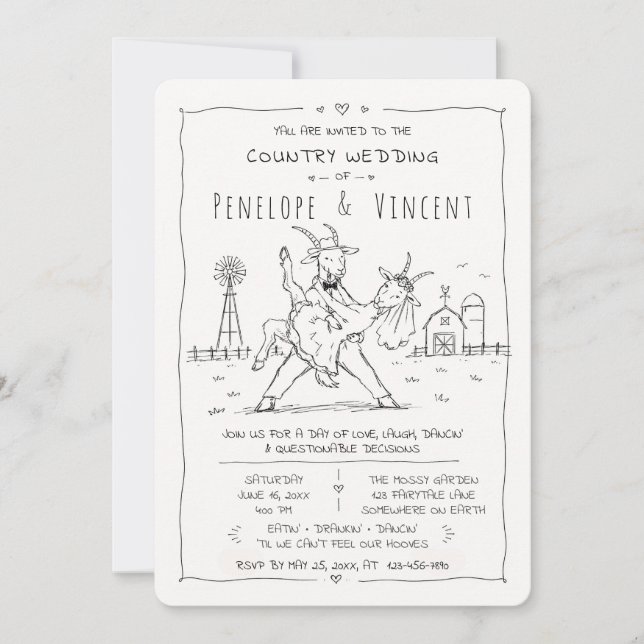 Convite Casamento Country Dancing Goats (Frente)