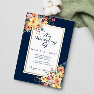 Convite Casamento country floral em azul marinho rosa cora