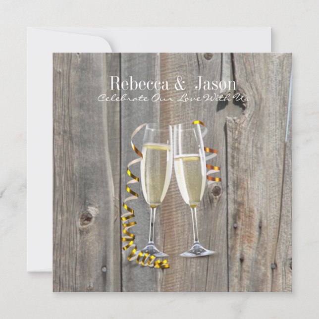 Convite casamento country ocidental champanhe madeira cele (Frente)