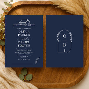 Convite Casamento Country Rústico Linha Arte Azul Marinho