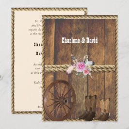 Convite Casamento Country Western Rosas Cor-de-Rosa Penas 