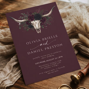 Convite Casamento Crânio de Longhorn Burgundy Sombrio Ocid