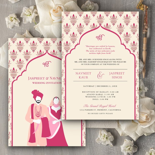 Convite Casamento Cream Rani Pink Punjabi Anand Karaj Sikh (Criador carregado)