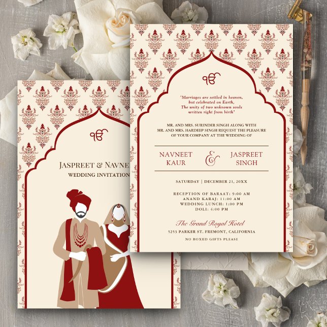 Convite Casamento Cream Red Punjabi Anand Karaj Sikh (Criador carregado)