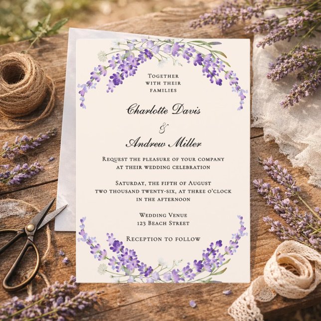 Convite Casamento creme champanhe flores de lavanda (Criador carregado)